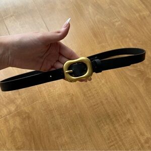 H&M Black Faux Leather Belt with Gold Buckle, Size Medium